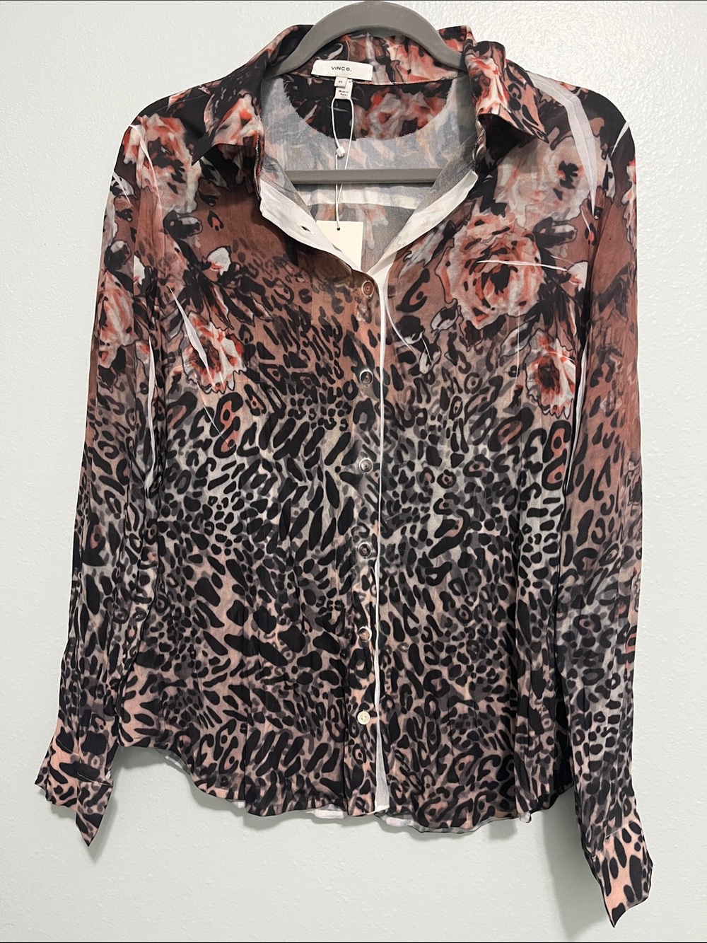 Vince Multi-Print Button Front Blouse in Brown and Black